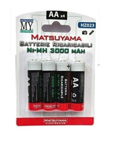 Confezione 4 Batterie ricaricabili Ni-Mh AA Matsuyama 3000mah mod. hz023